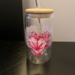 Custom Glass Tumbler with Pink Leaf Design